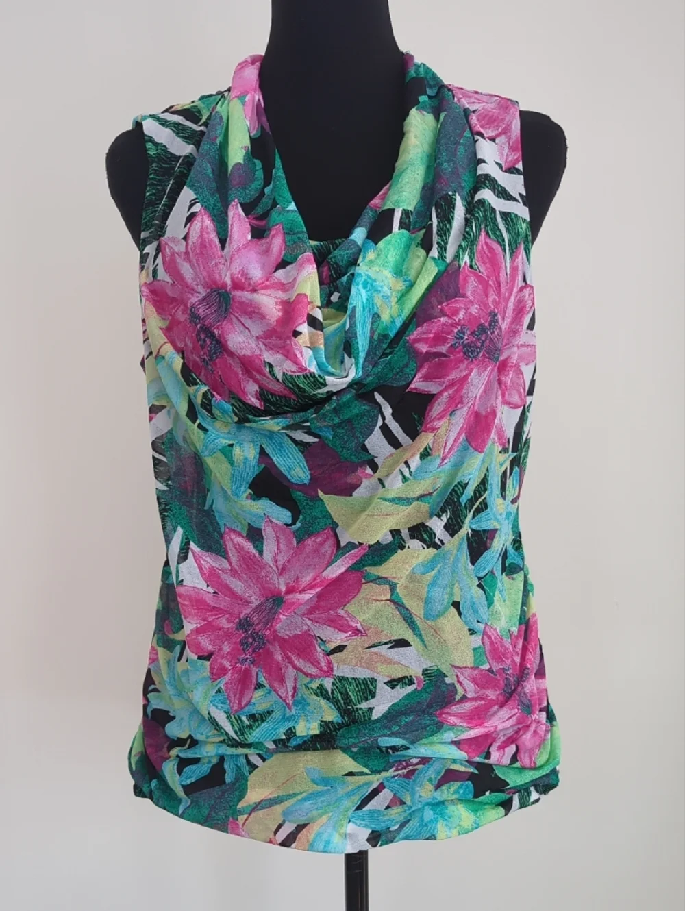 Dana Buchman Tropical Floral Cowl Neck Sleeveless Ruched Blouse Top Large LARGE
